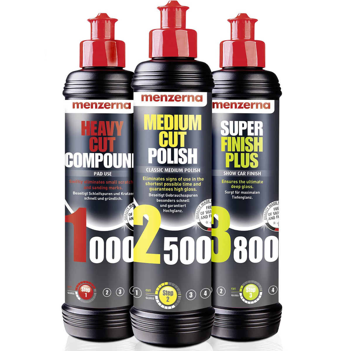 250 Ml : Heavy Cut Compound 1000 & Medium Cut Polish 2500 & Super Finish 3800 250 Ml