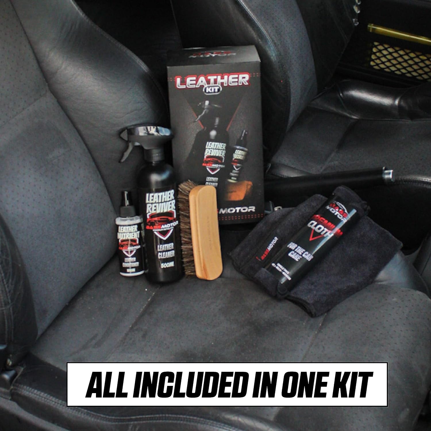 Bassmotor KIT Nettoyant Cuir & Alcantara - Nettoie, Dégraisse & Nourrit Sièges & Tapisseries. Kit Leather Reviver 500Ml + Leather Nutrient 100Ml + Brosse Pro + 2 Chiffons 400GSM