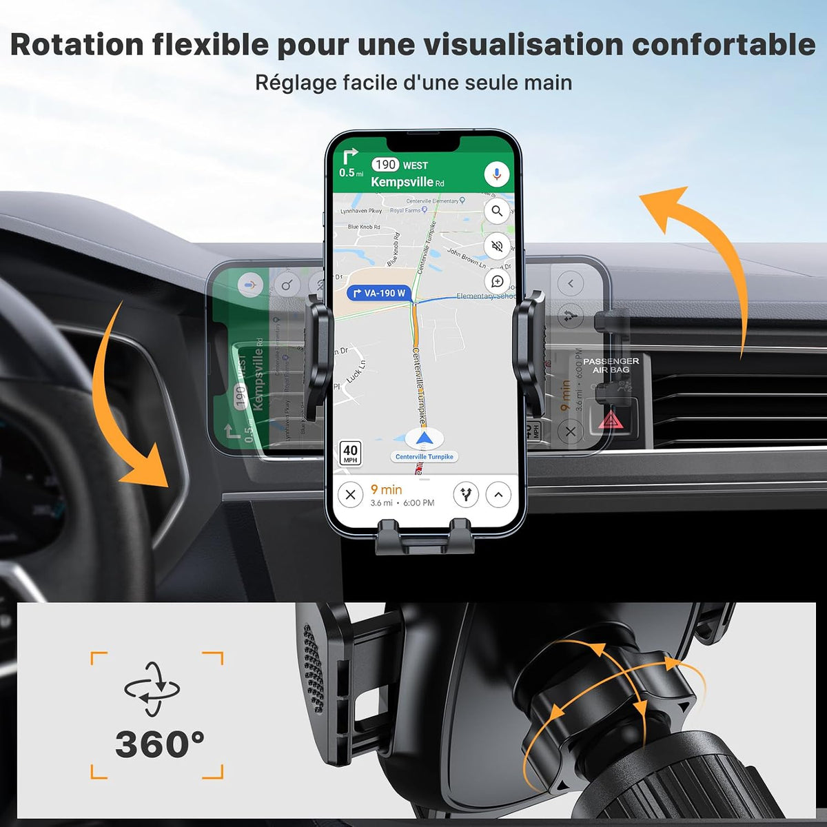 2025 Support Téléphone Voiture Très Stable 【Crochet Métallique】 Porte Téléphone Portable Pour Grille D'Aération Voiture GPS, 360° Support Universel Mains Libres Pour (4-7.2" Smartphone)