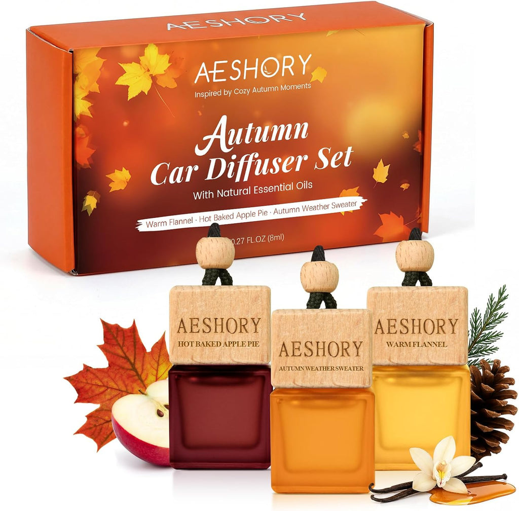 Automne Bouteille De Parfum De Voiture 3 X 8ML | Set De Diffuseur De Parfum Suspendu Pour Voiture | Désodorisants Pour Maison | Parfum Chaud - Tarte Aux Pommes, Pull D'Automne, Flanelle Chaude