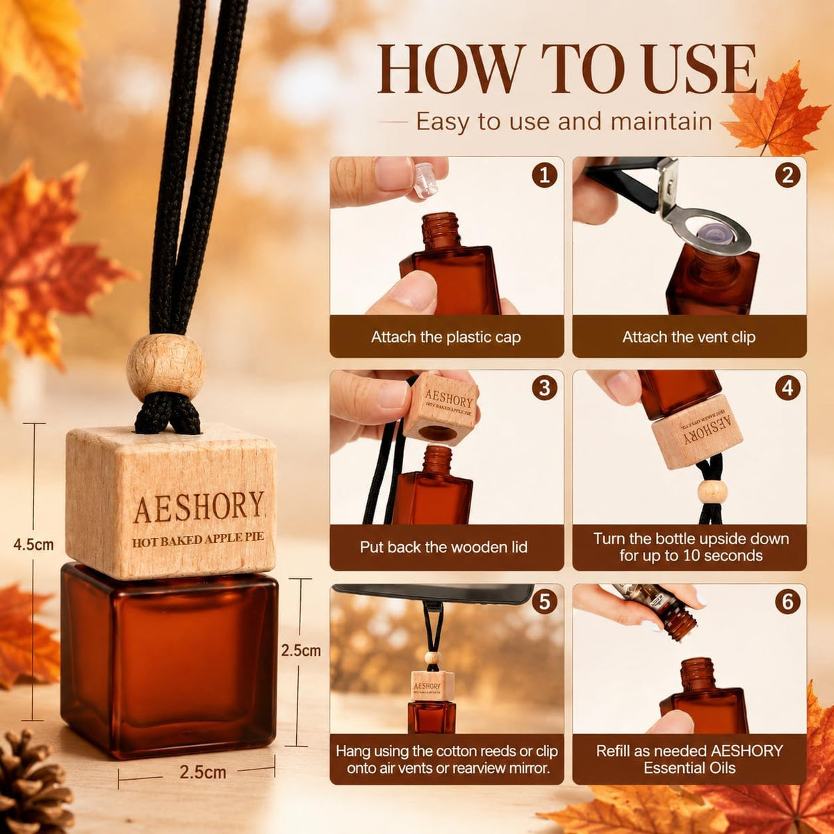 Automne Bouteille De Parfum De Voiture 3 X 8ML | Set De Diffuseur De Parfum Suspendu Pour Voiture | Désodorisants Pour Maison | Parfum Chaud - Tarte Aux Pommes, Pull D'Automne, Flanelle Chaude