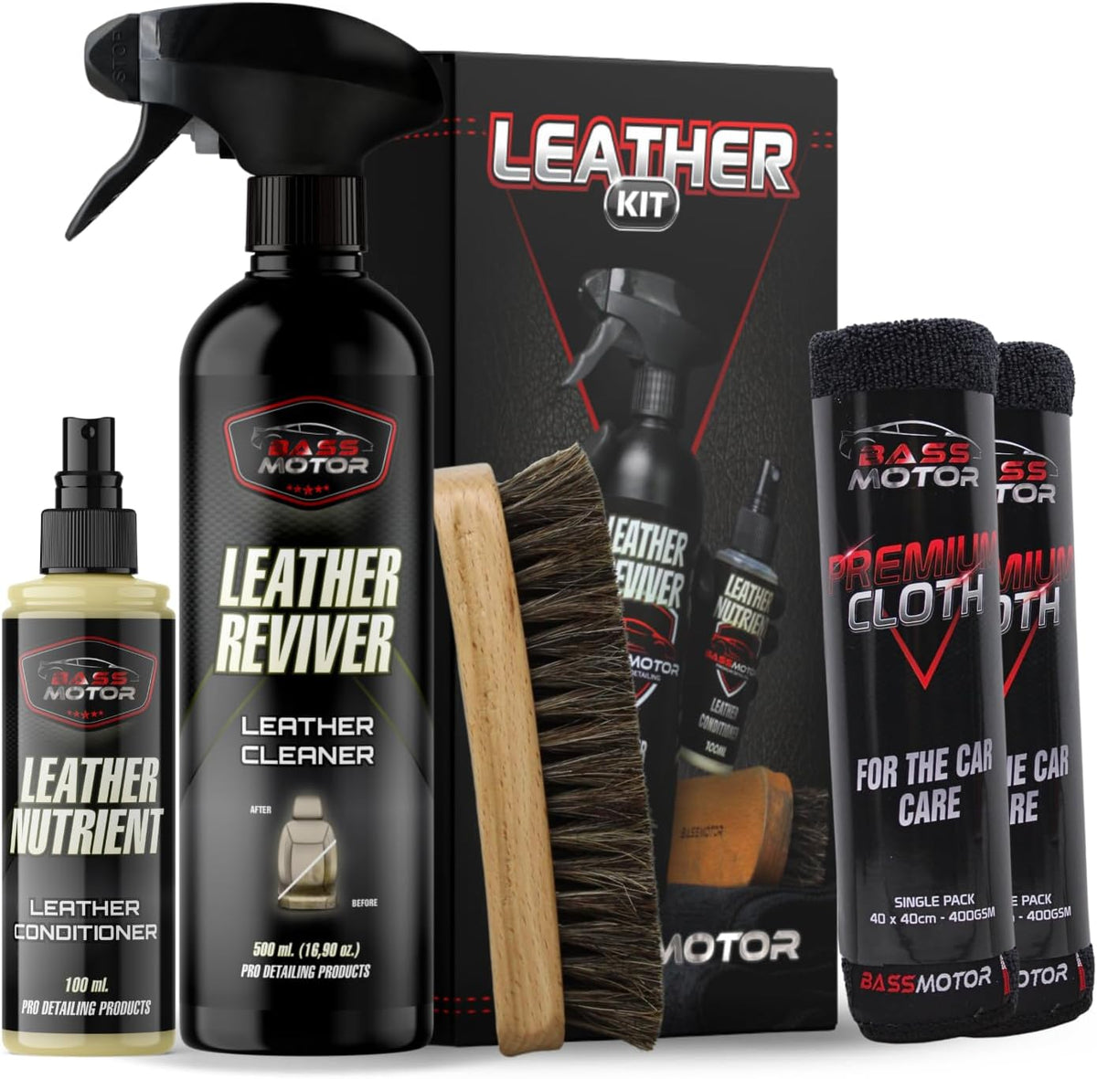 Bassmotor KIT Nettoyant Cuir & Alcantara - Nettoie, Dégraisse & Nourrit Sièges & Tapisseries. Kit Leather Reviver 500Ml + Leather Nutrient 100Ml + Brosse Pro + 2 Chiffons 400GSM
