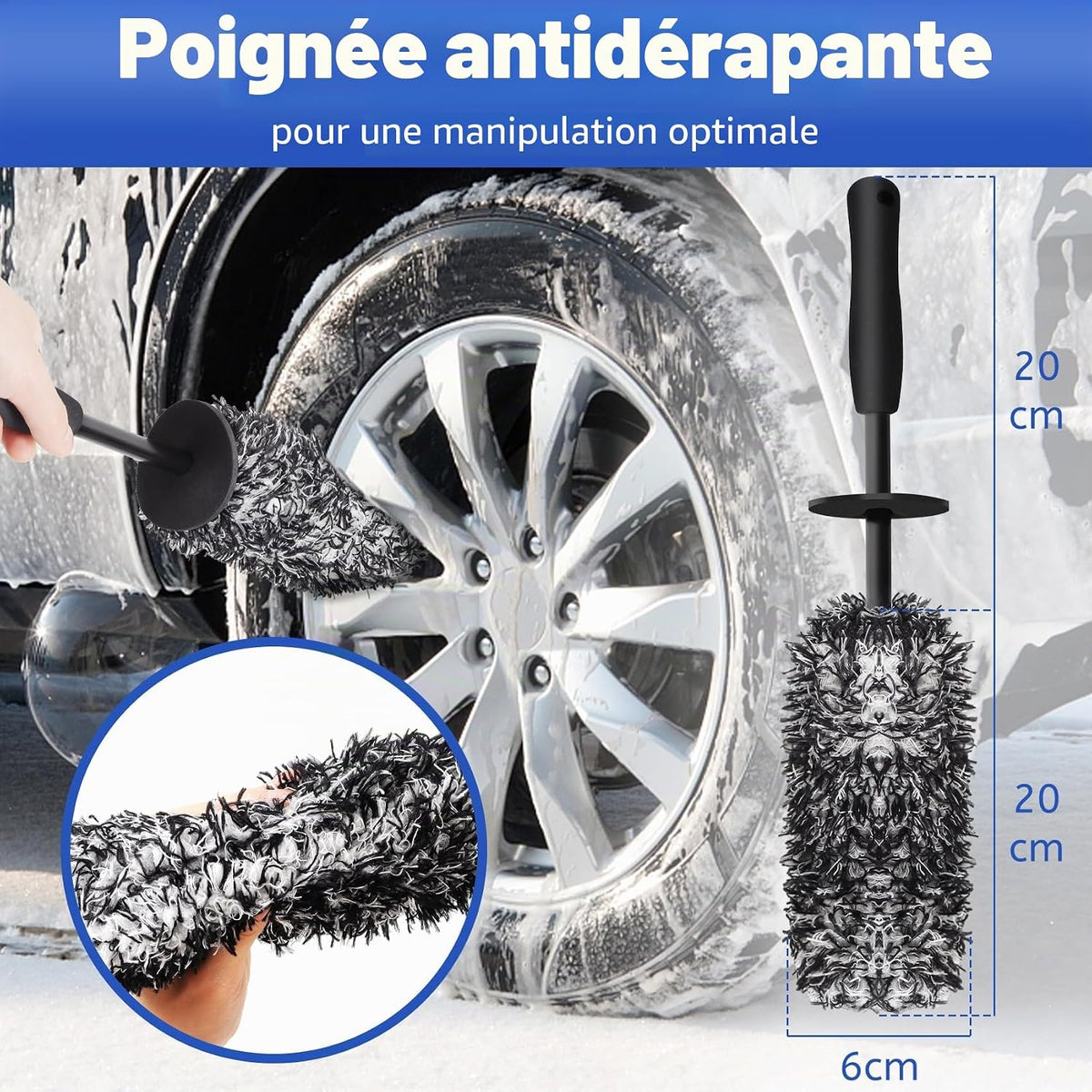 Brosse Jantes Voiture Et Brosse De Pneu Noire - Brosse De Nettoyage En Microfibre - Brosse De Roue De Voiture Jante Sans Partie Métallique - Pas De Rayures Brosse Jantes Aluminium