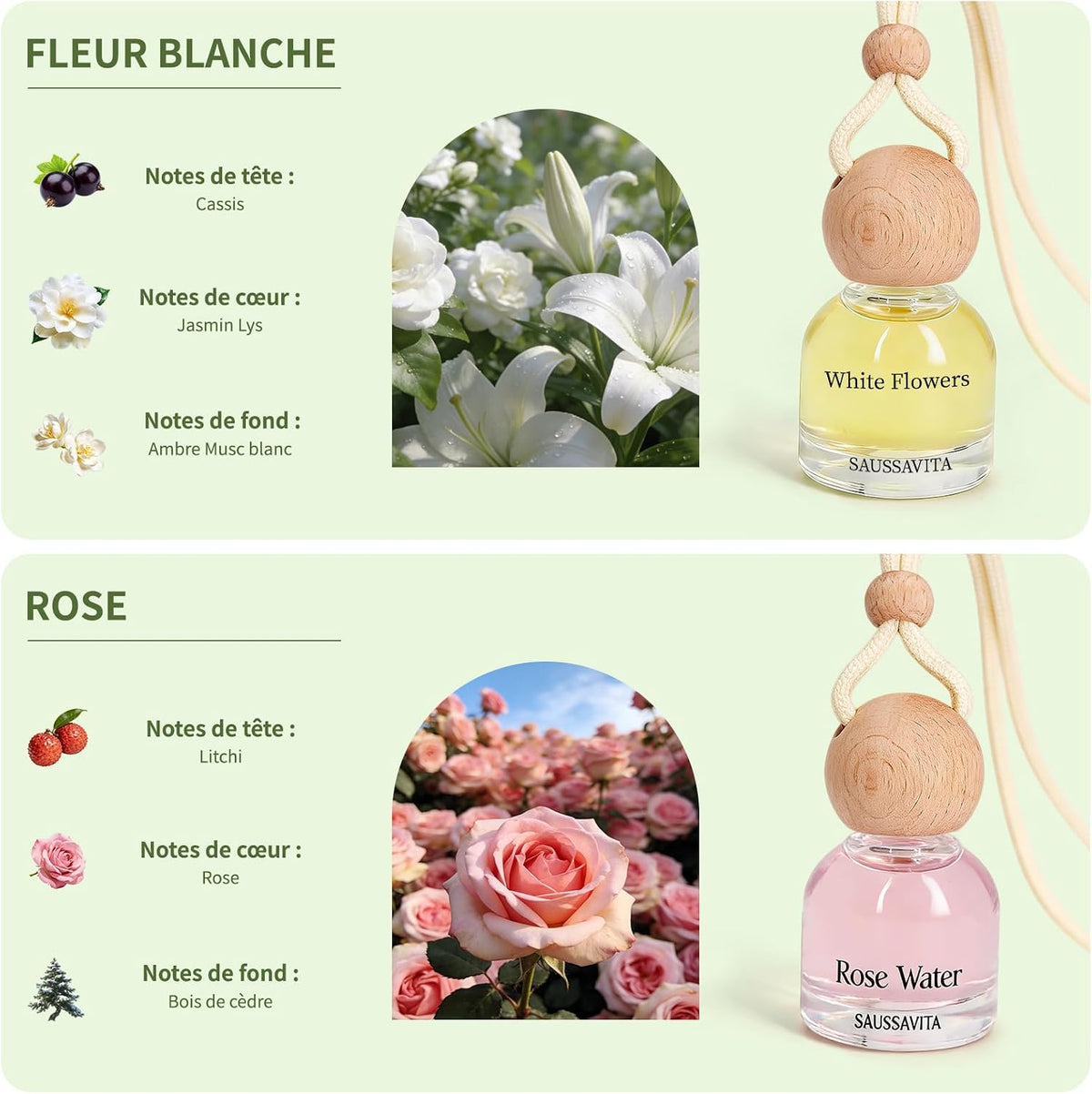 Roses Et Fleurs Blanches Bouteille De Parfum De Voiture 2 Pièces