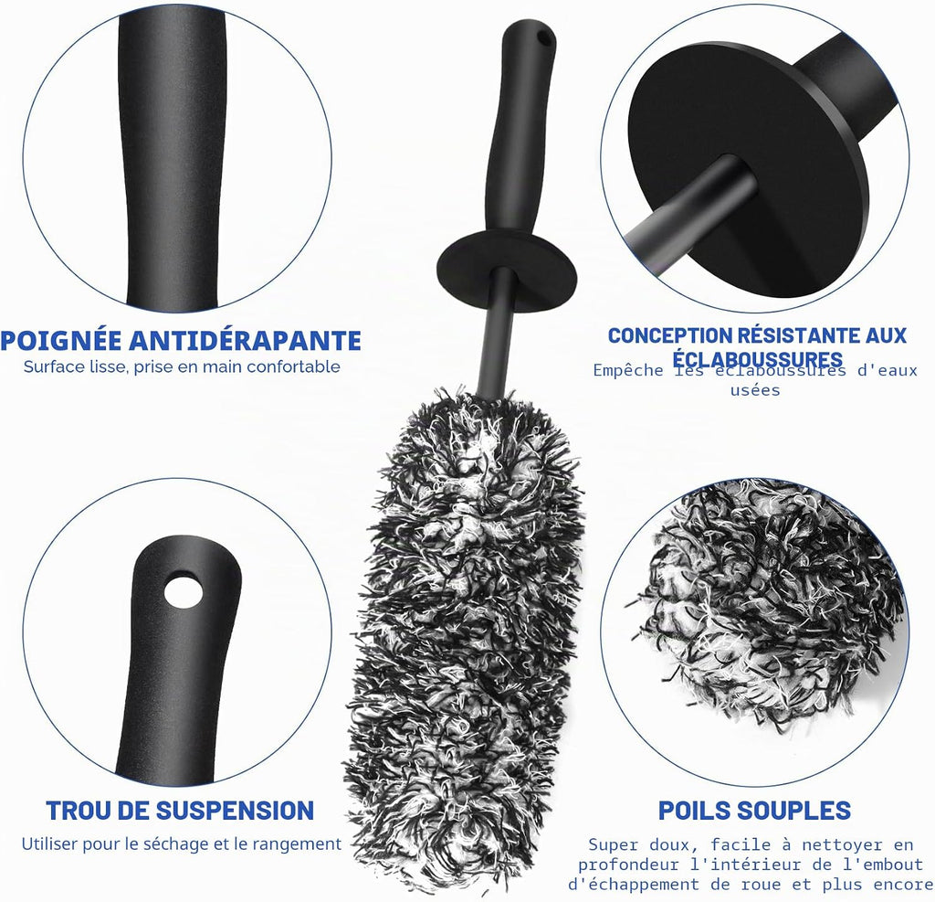 Brosse Jantes Voiture Et Brosse De Pneu Noire - Brosse De Nettoyage En Microfibre - Brosse De Roue De Voiture Jante Sans Partie Métallique - Pas De Rayures Brosse Jantes Aluminium