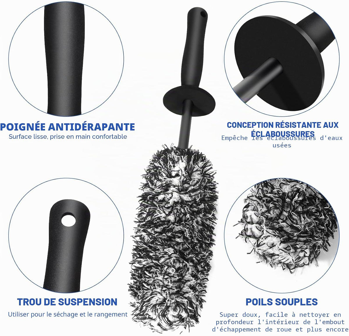 Brosse Jantes Voiture Et Brosse De Pneu Noire - Brosse De Nettoyage En Microfibre - Brosse De Roue De Voiture Jante Sans Partie Métallique - Pas De Rayures Brosse Jantes Aluminium
