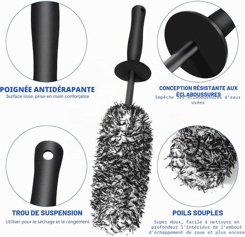 Brosse Jantes Voiture Et Brosse De Pneu Noire - Brosse De Nettoyage En Microfibre - Brosse De Roue De Voiture Jante Sans Partie Métallique - Pas De Rayures Brosse Jantes Aluminium